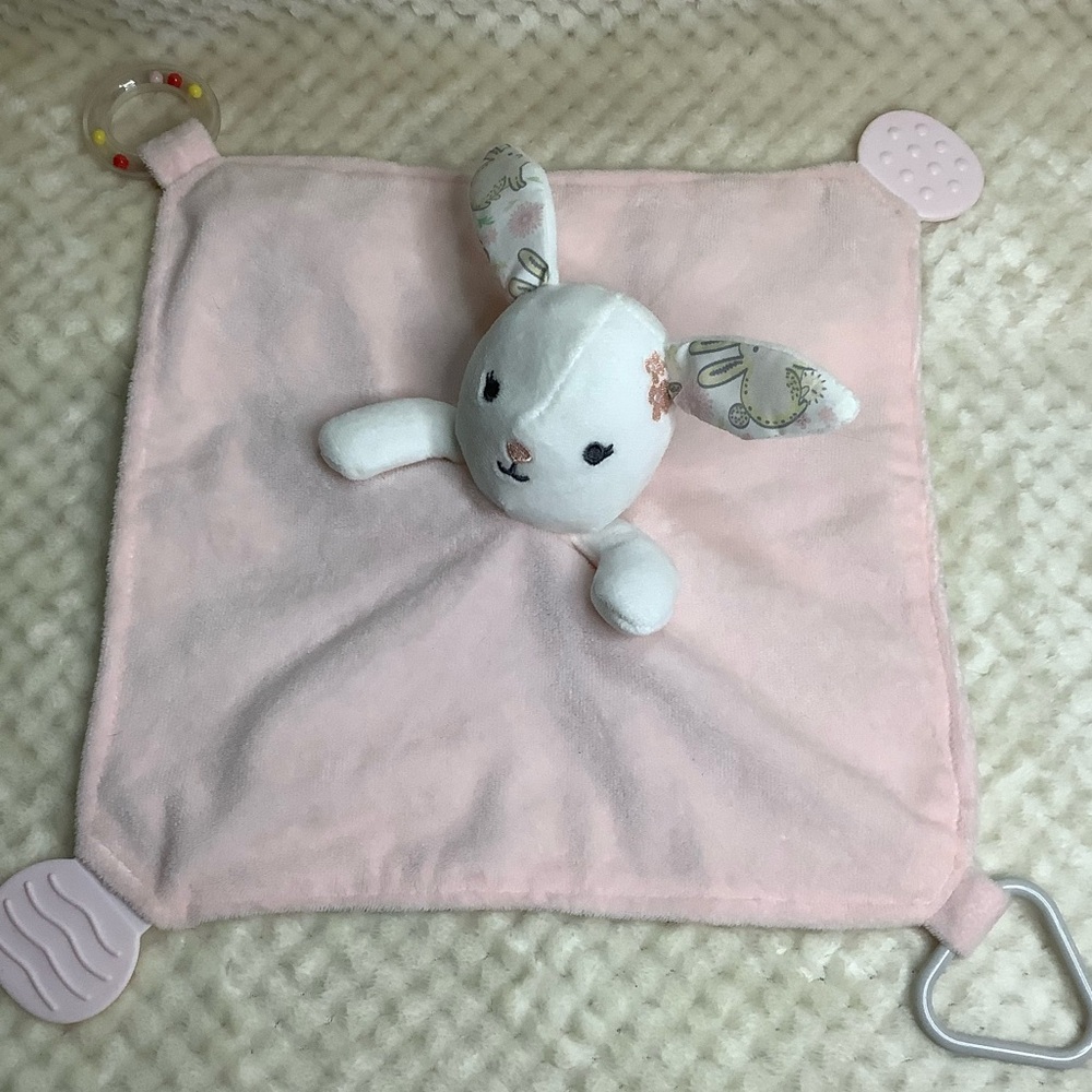 MODERN BABY Plush White Pink Bunny Rabbit Lovey Teether Rattle Security Blanket
